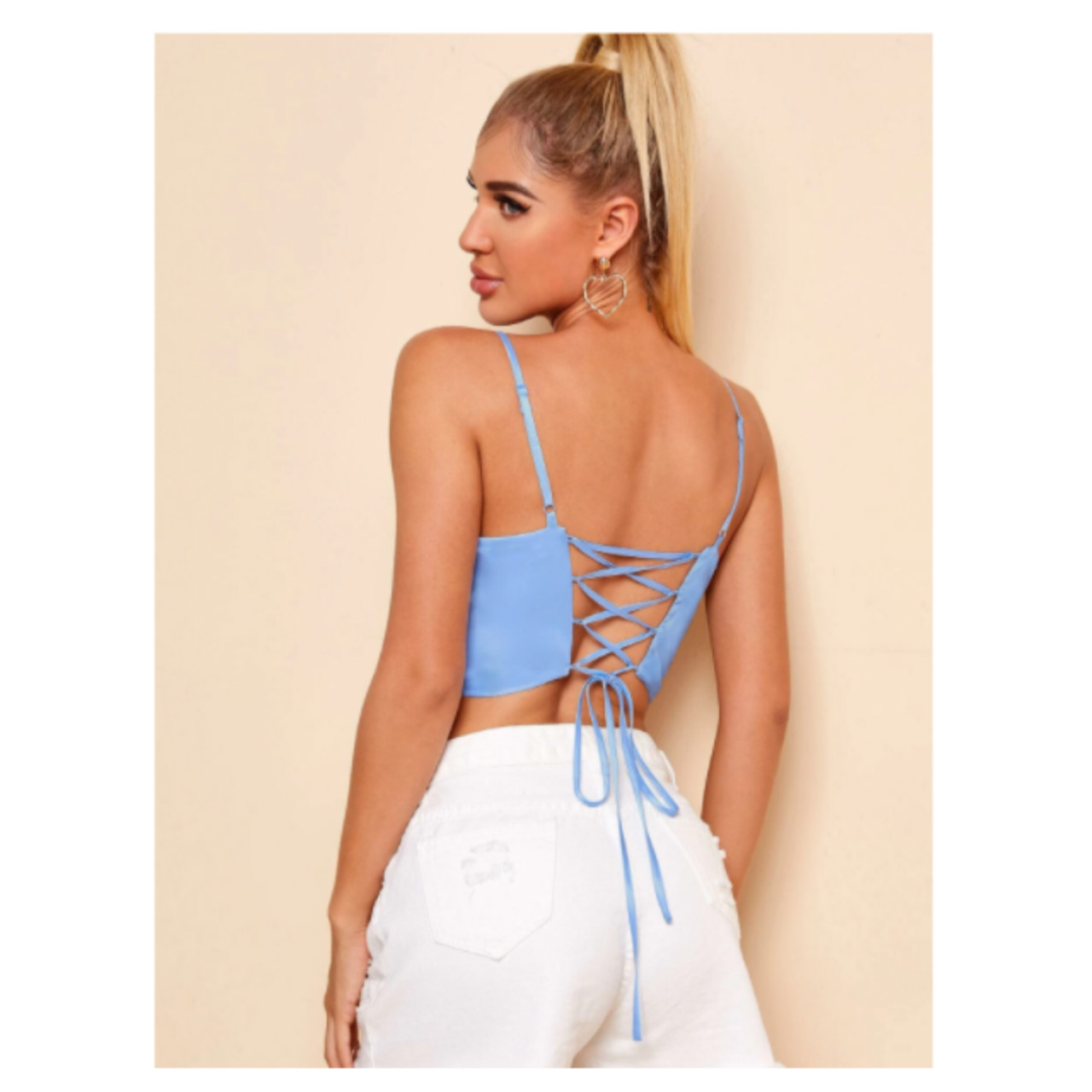 Shein ruched bust lace-up back satin crop cami top xs