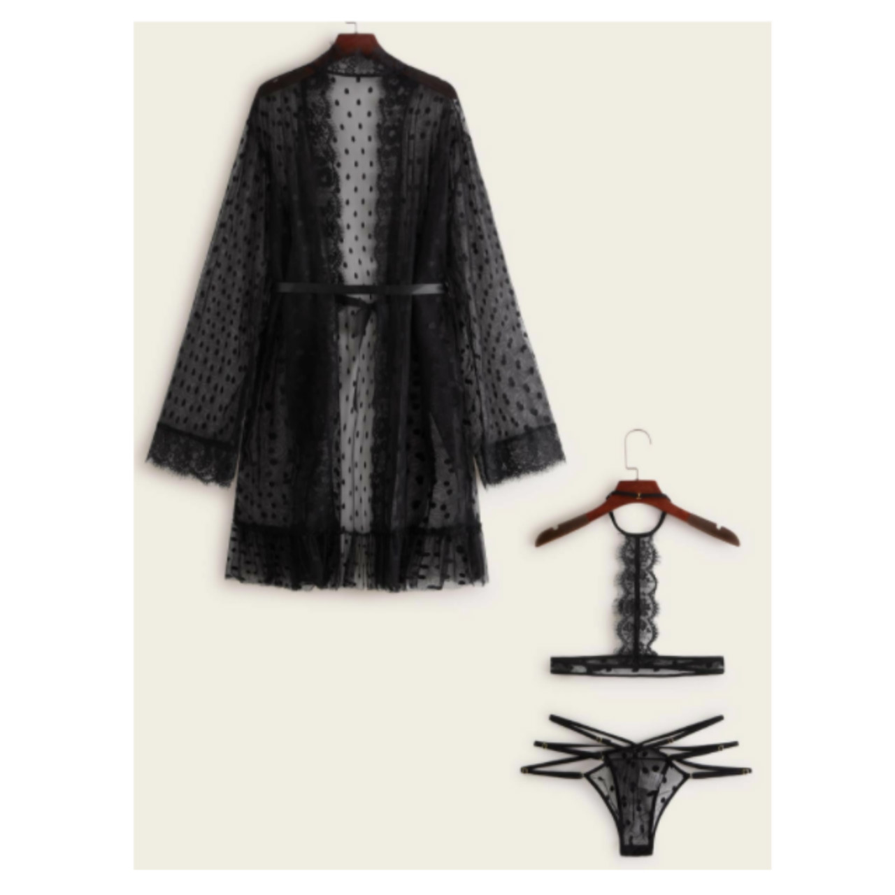 Eyelash lace lingerie choker with mesh thong & robe s