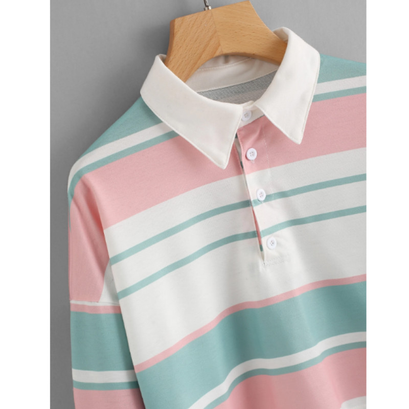 Striped drop shoulder crop polo shirt s