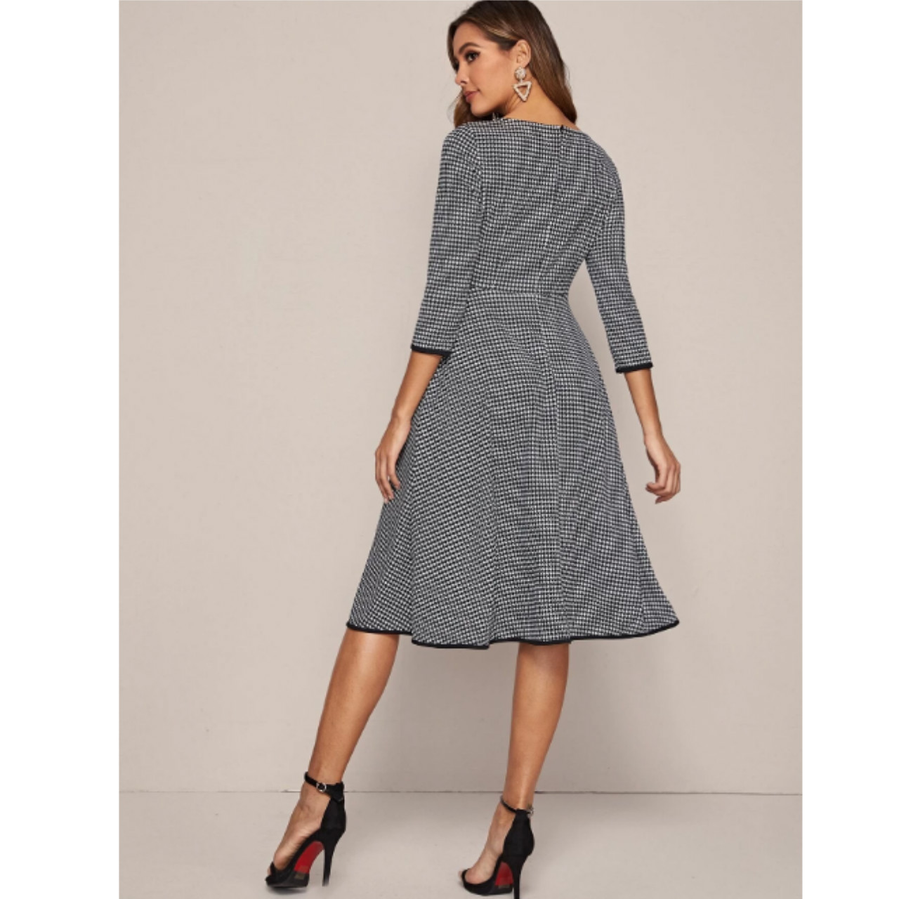 Binding detail houndstooth fit & flare dress l