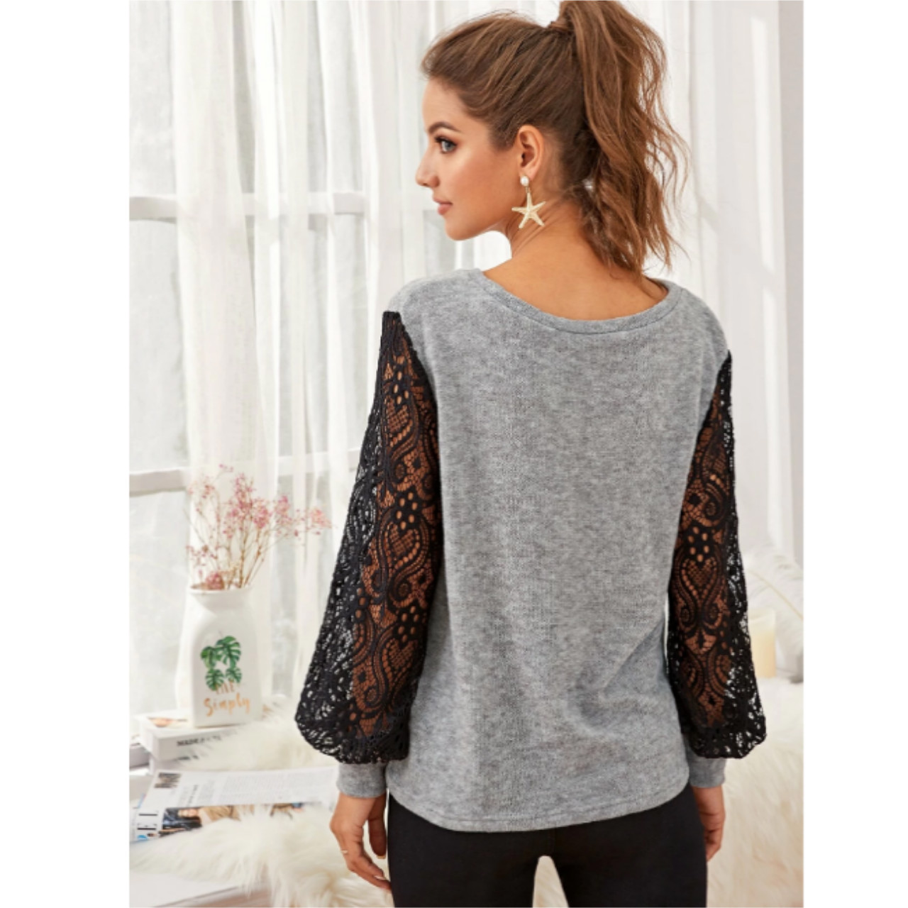 Contrast lace bishop sleeve sweater l