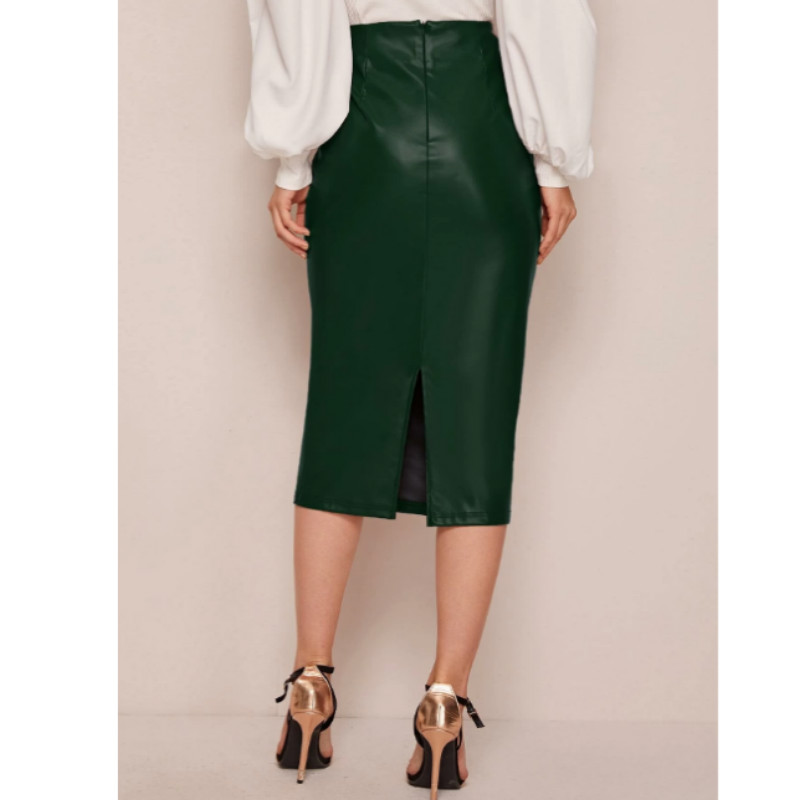 Notched waistband buttoned front pu leather skirt