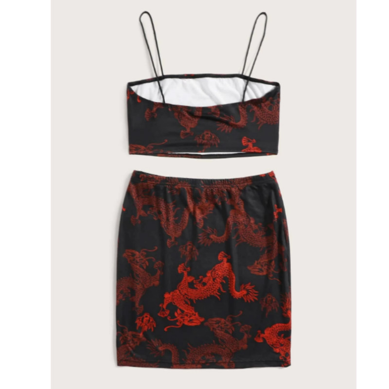 Dragon print crop cami top & skirt set m